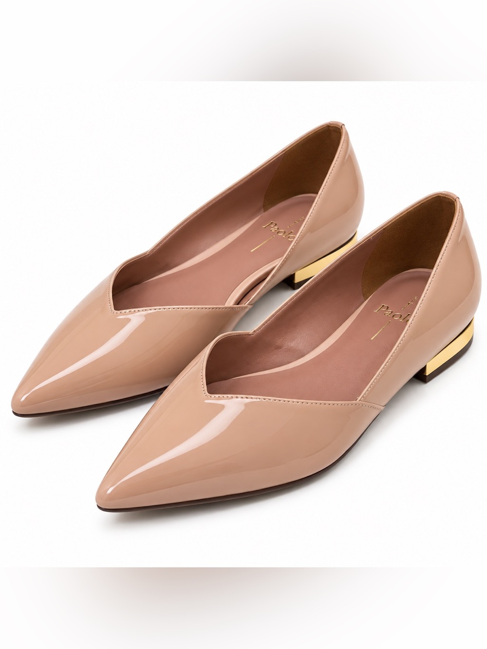 Paolo Nude Patent Pointed Toe Flats with Gold Accent